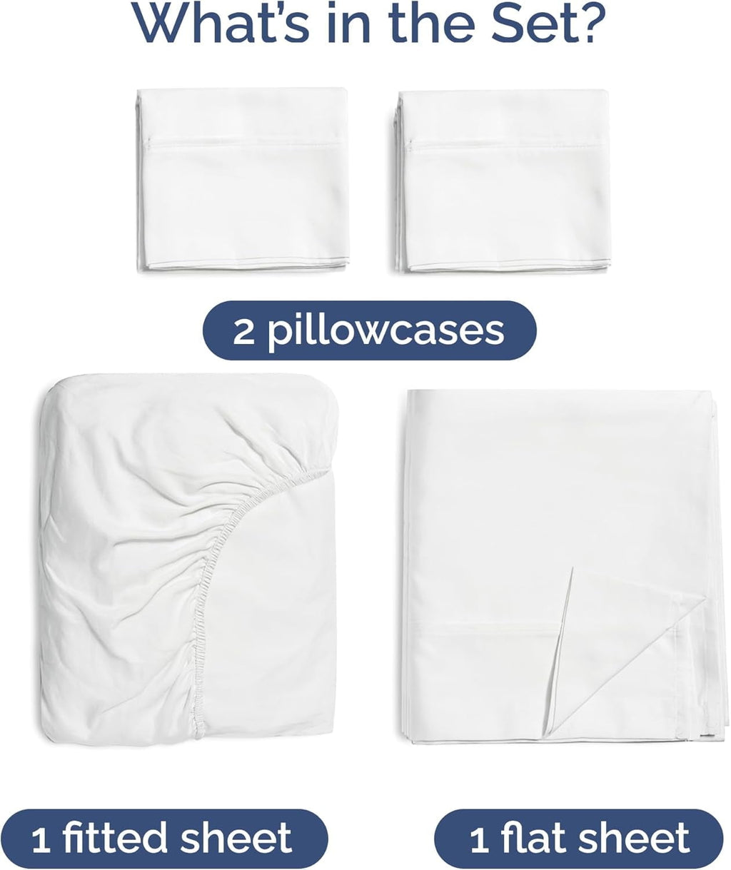Cooling Sateen 4-Piece Luxury Bamboo Cooling Sheet Set - Queen Size 100% Bamboo Derived Rayon Premium Bed Sheets, White - Premium Ultra-Soft Pillowcase Pair for Sleeping Detail
