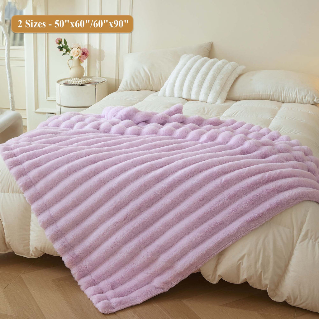 Decorative Knitted Fluffy Faux Rabbit Fur Throw, Cozy Wide Stripe Plush Fuzzy Blanket for Bed Couch Sofa Chair, Light Purple Shaggy Thro... - Cozy Fleece Throw Blanket for Couch & Bed Detail