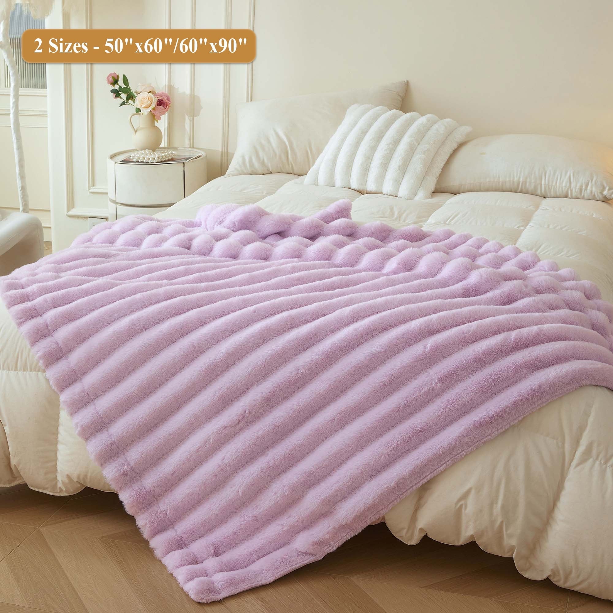 Decorative Knitted Fluffy Faux Rabbit Fur Throw, Cozy Wide Stripe Plush Fuzzy Blanket for Bed Couch Sofa Chair, Light Purple Shaggy Thro... - Cozy Fleece Throw Blanket for Couch & Bed Detail
