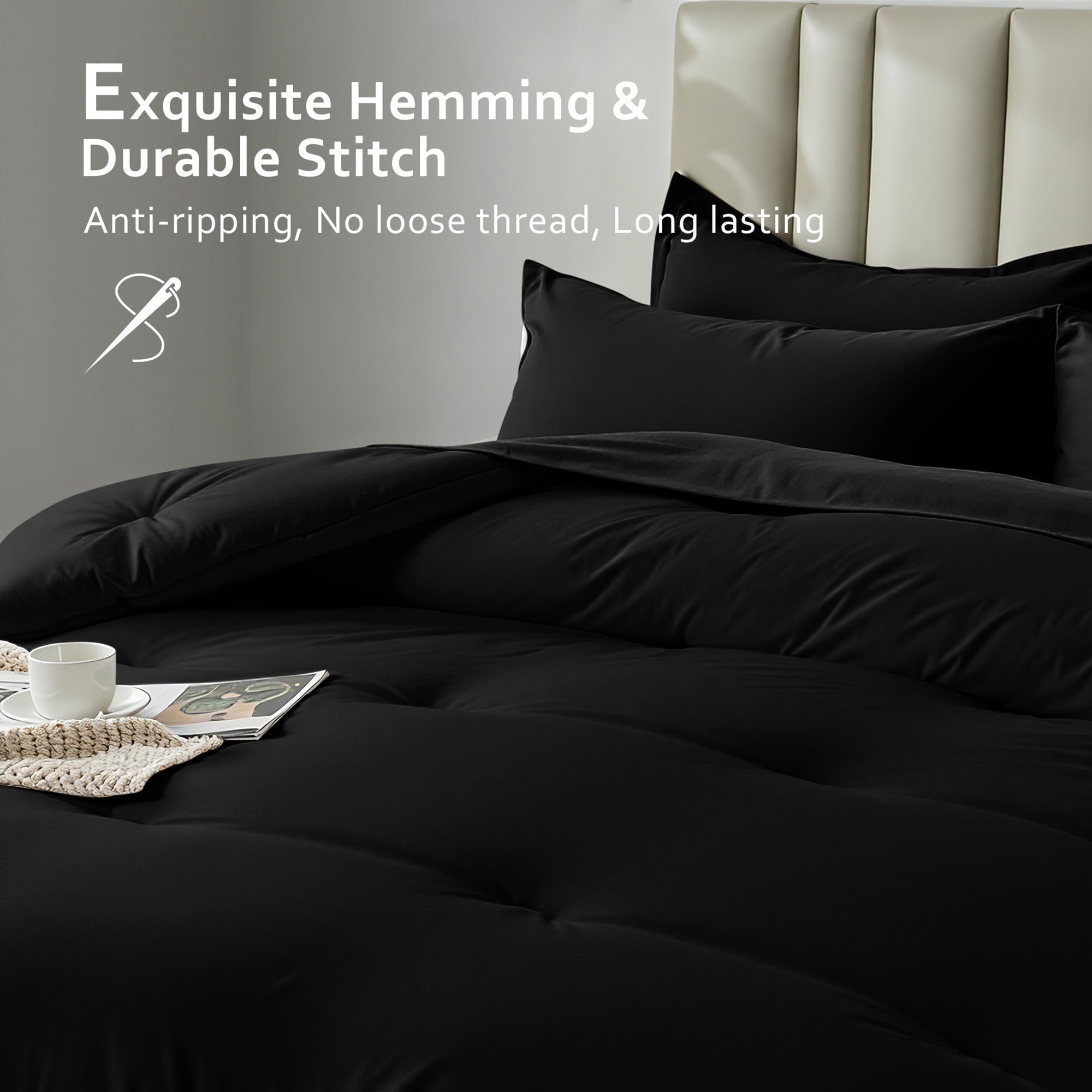 Hypoallergenic Cloud 5-Piece Bed in Bag - Twin Size Comforter Sets, Pillowcases & Sheet Collection for Cozy Bedding Sets Black - Cloud-Like Soft Lightweight Bed Comforter Detail