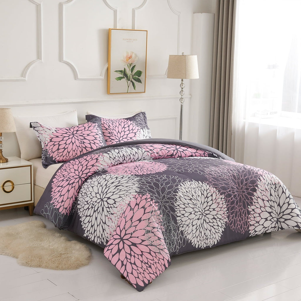 Fluffy Down Alternative 2 Pieces Pink Floral Comforter Set Twin Size, Botanical Bedding Sets with Cute Flowers Printing for Teen Girls - Luxurious Quilted Duvet Cover Set Detail