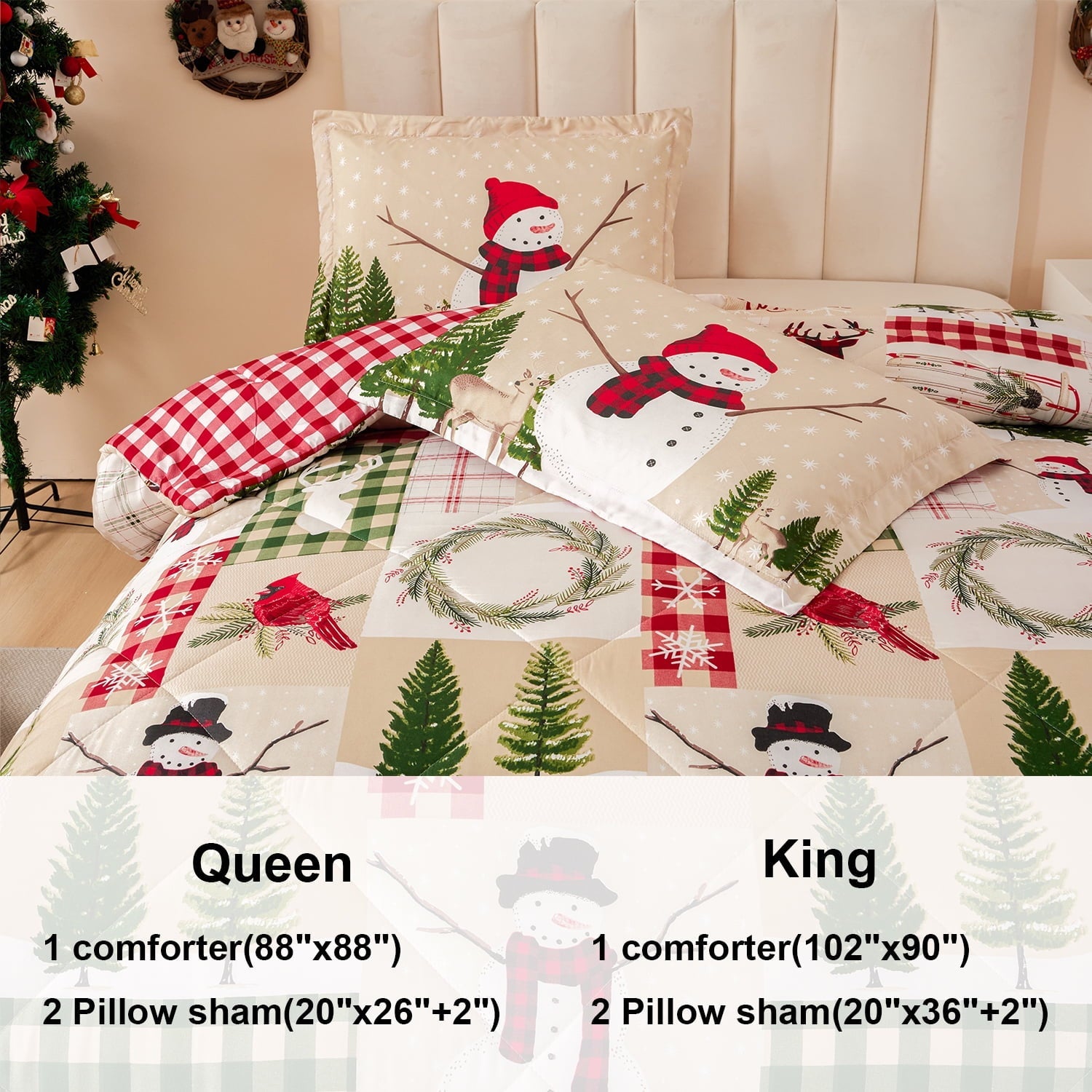 Fluffy Down Alternative 3 Pcs Christmas Comforter Set, Bed in a Bag Wreath Snowman Queen/Full Size Xmas Bedding Set Fitted Pillowcases for Adult - Cloud-Like Soft Lightweight Bed Comforter Detail