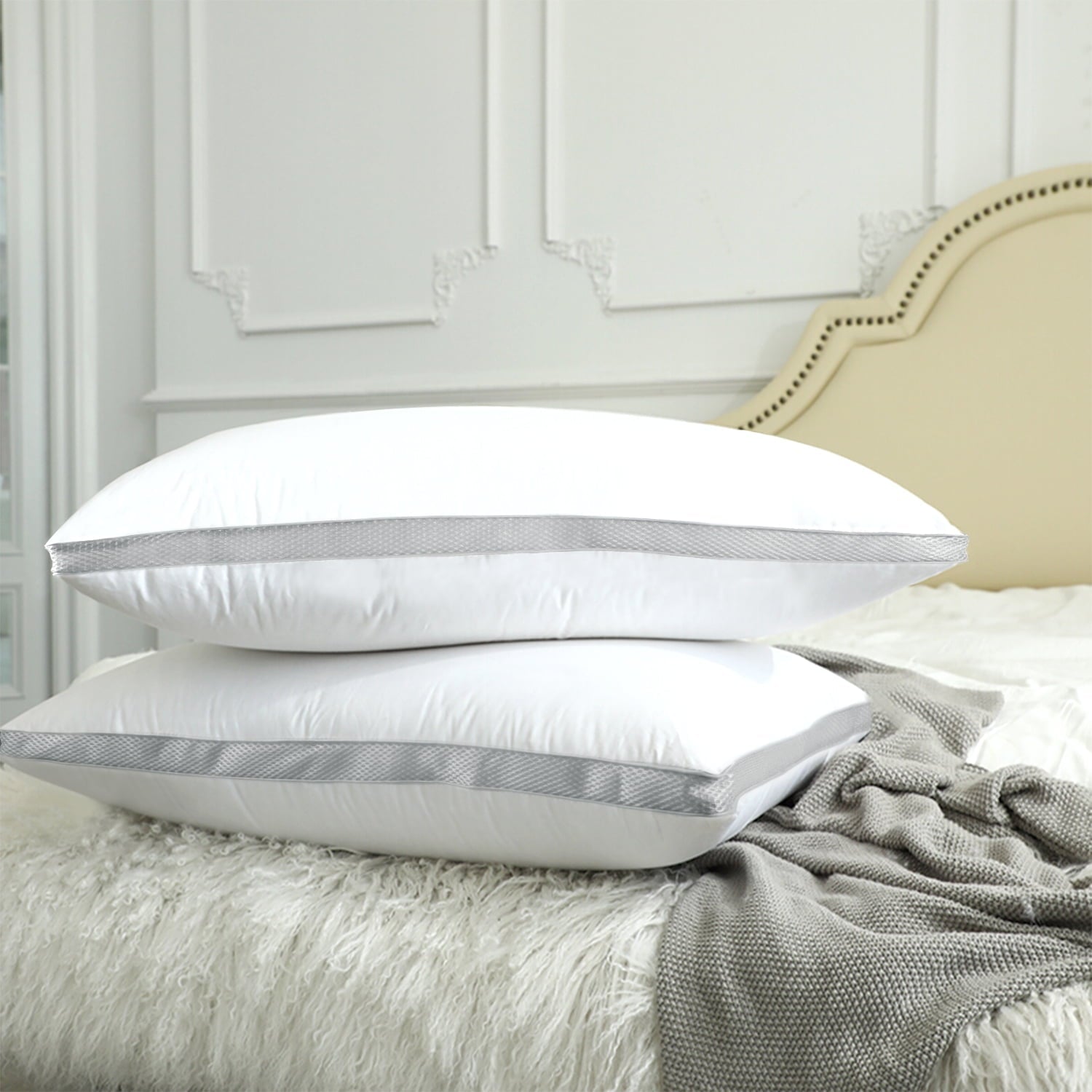 Ergonomic Memory Foam Down Alternative Bed Pillow with Cotton Cover and Gusset, 2 Pack, Queen, 20"x26" - Hotel Quality Plush Sleeping Pillows Detail
