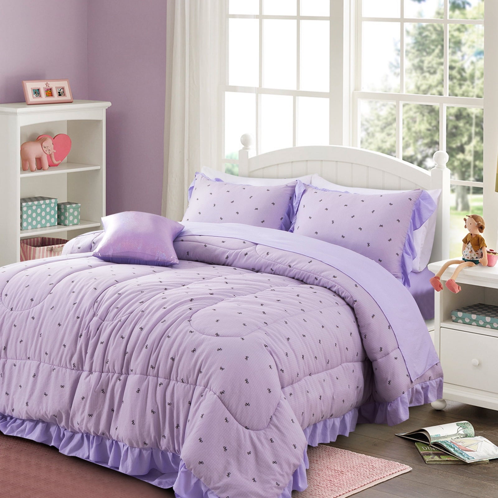 Luxurious Quilted 6 Piece Delicate Bows Purple Bedding Set Ruffle Princess Style Comforter Set Bed in a Bag - Luxurious Quilted Duvet Cover Set Detail