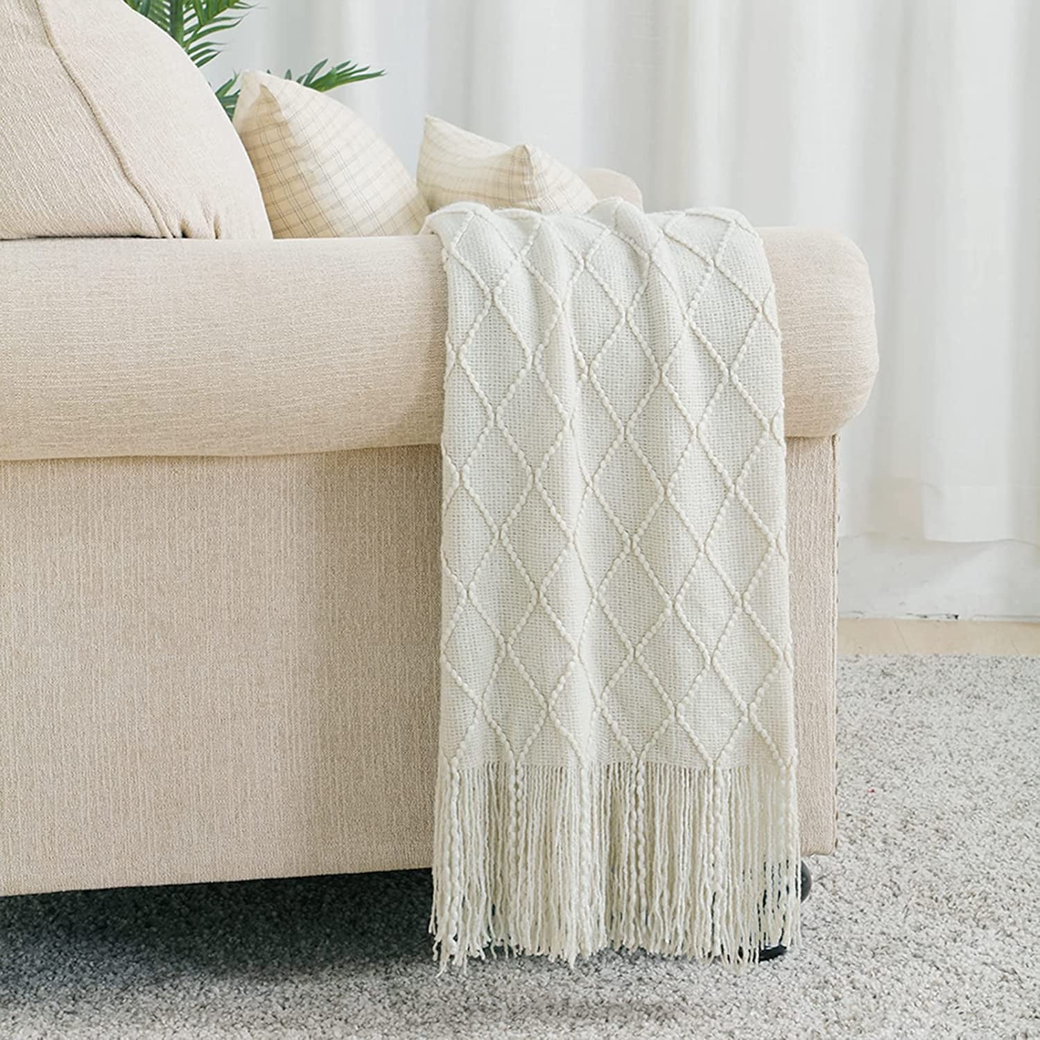 Decorative Knitted Rhombus Beige Throw Blanket, Soft and Lightweight, 50"x 60" - Luxury Knitted Decorative Throw Blanket with Fringes Detail
