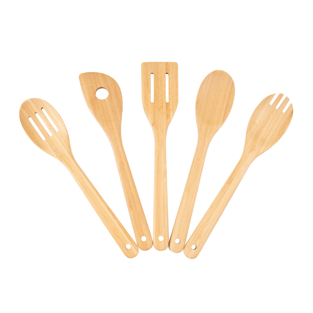 Seamless One-Piece 5pk Bamboo Spoons for Cooking, Kitchen Essential Tools Set - Durable Turner & Ladle Utensil Set for Home Chefs Detail