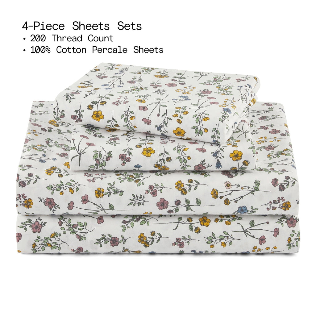 Wrinkle-Resistant Botanical 4-Piece 100% Cotton Washed Percale White Sheet Set, Queen - Breathable Egyptian Cotton Flat & Fitted Sheets Detail