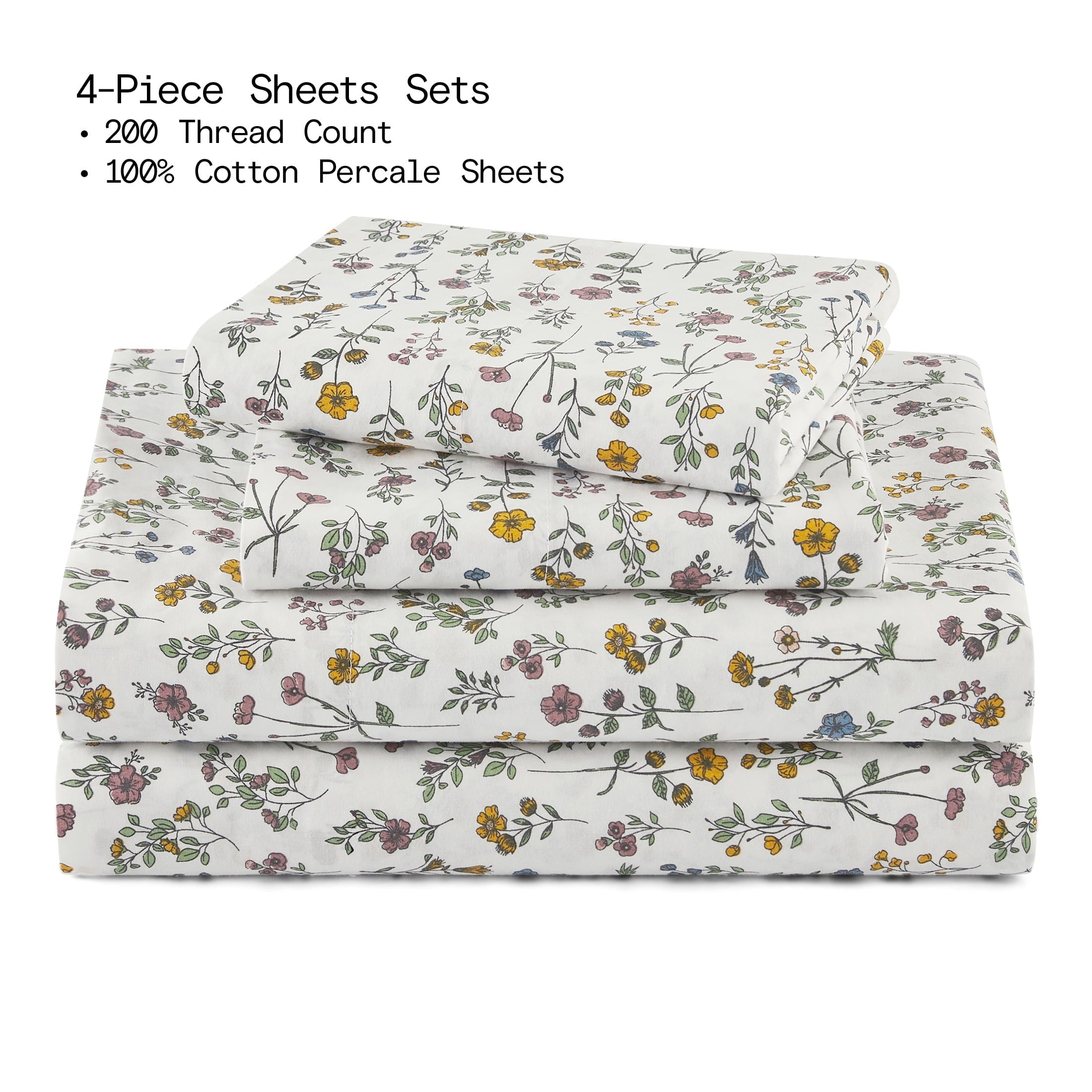 Wrinkle-Resistant Botanical 4-Piece 100% Cotton Washed Percale White Sheet Set, Queen - Breathable Egyptian Cotton Flat & Fitted Sheets Detail
