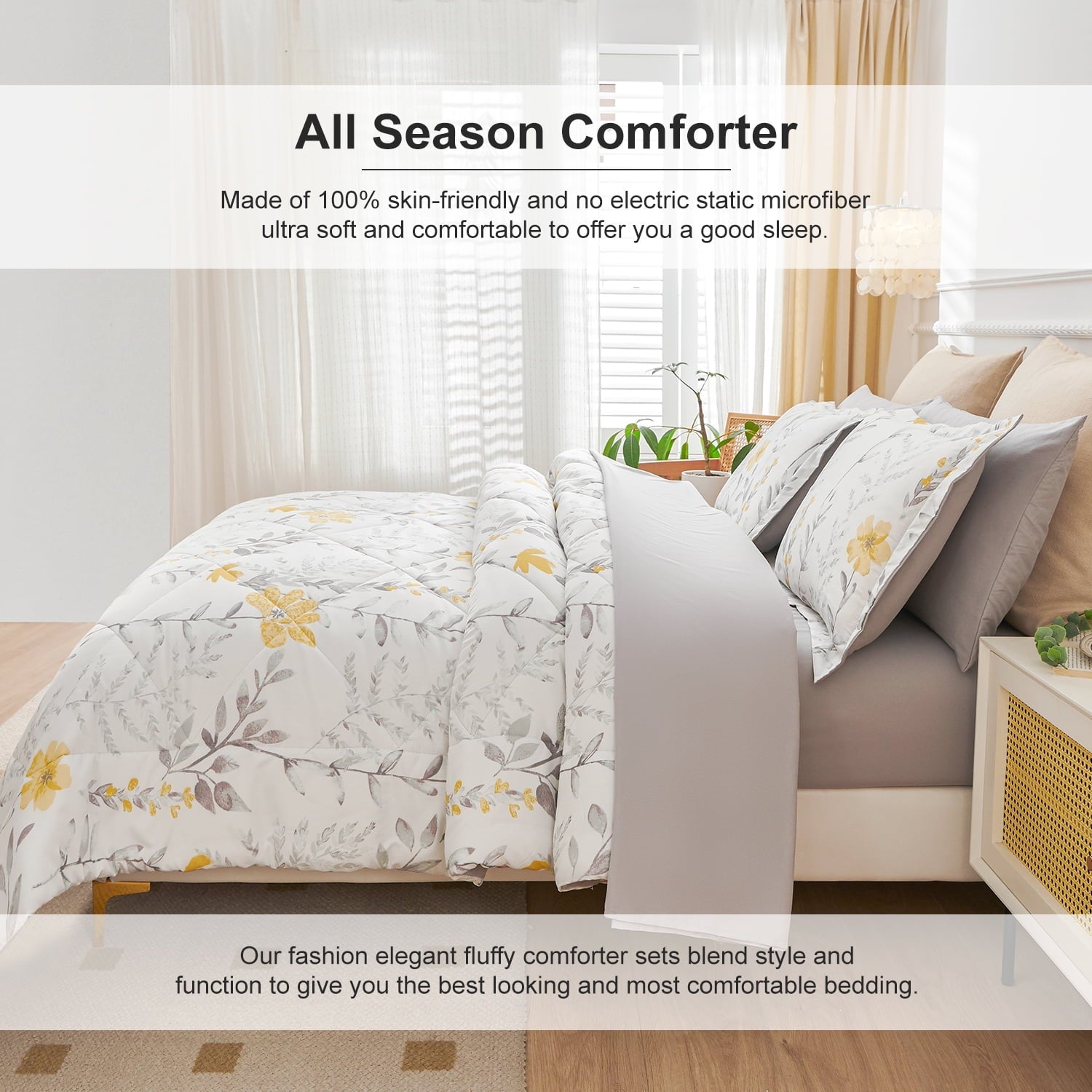 All-Season 3 Piece Comforter Set Queen Yellow Floral Quilt Microfiber Patchwork Bedspread - Hypoallergenic Ultra-Fluffy Quilt for Winter Detail