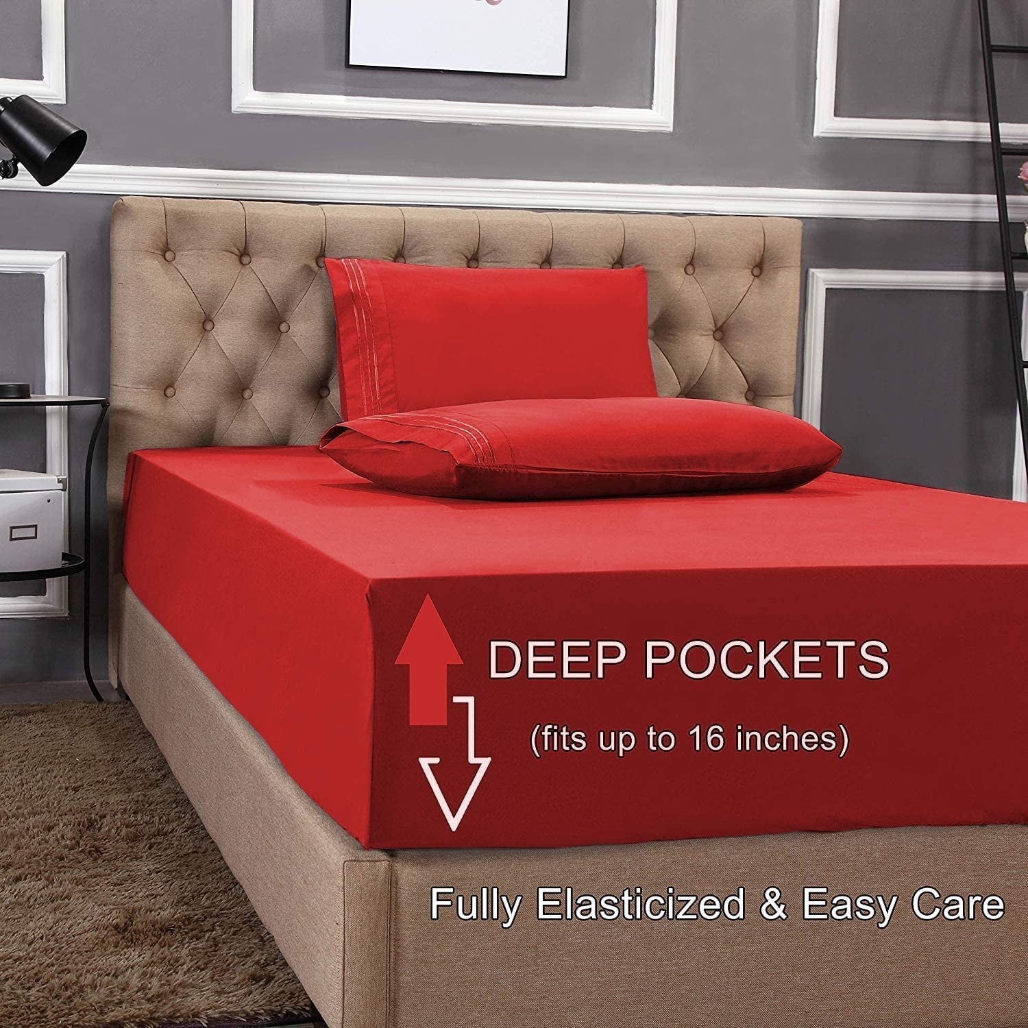 Ultra-Soft 1800 Series Microfiber Bed Sheets 6-Piece Set, Deep Pocket, Queen Black - Breathable Egyptian Cotton Flat & Fitted Sheets Detail