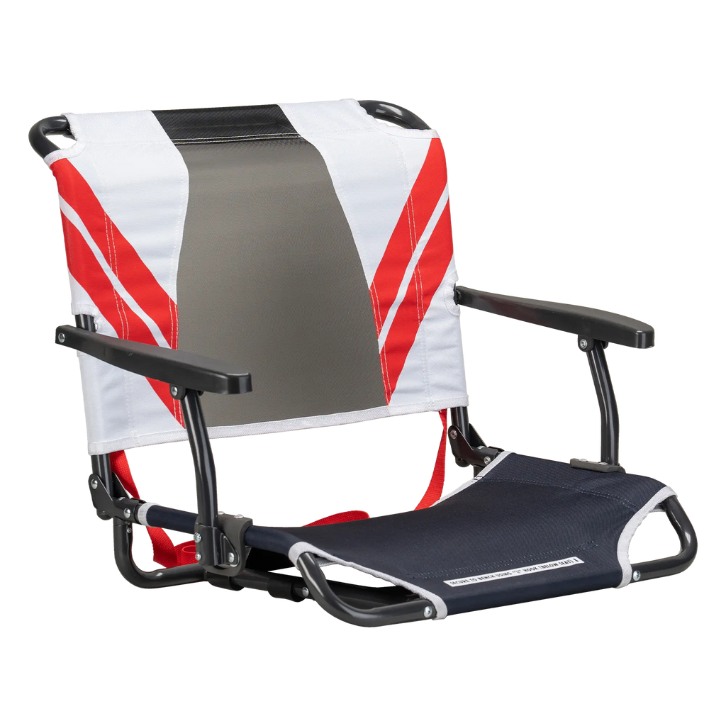 Secure-Hook Big Comfort Stadium Chair with Armrests - Choice 465 - Grandstand Cushion Seat with Secure Under-Bench Hooks - Indigo/White/Red