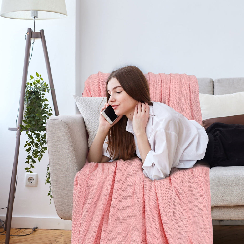 Lightweight Warm Pure Cotton Soft Cable Knit Throw Blanket Pink 50" x 70" - Luxury Knitted Decorative Throw Blanket with Fringes Detail