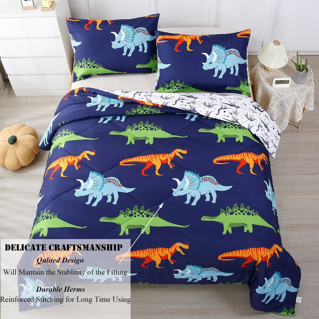Heavyweight Warmth 3 Pcs Dinosaur Twin Size Bedding Sets for Boys, Dinosaur Printing Boys Comforter Set, Blue and White Reversible Bed C... - Cloud-Like Soft Lightweight Bed Comforter Detail