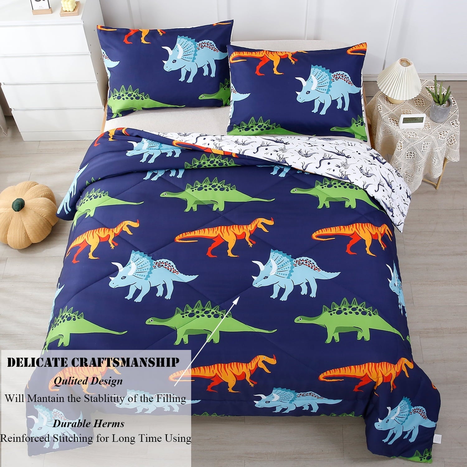 Heavyweight Warmth 3 Pcs Dinosaur Twin Size Bedding Sets for Boys, Dinosaur Printing Boys Comforter Set, Blue and White Reversible Bed C... - Cloud-Like Soft Lightweight Bed Comforter Detail