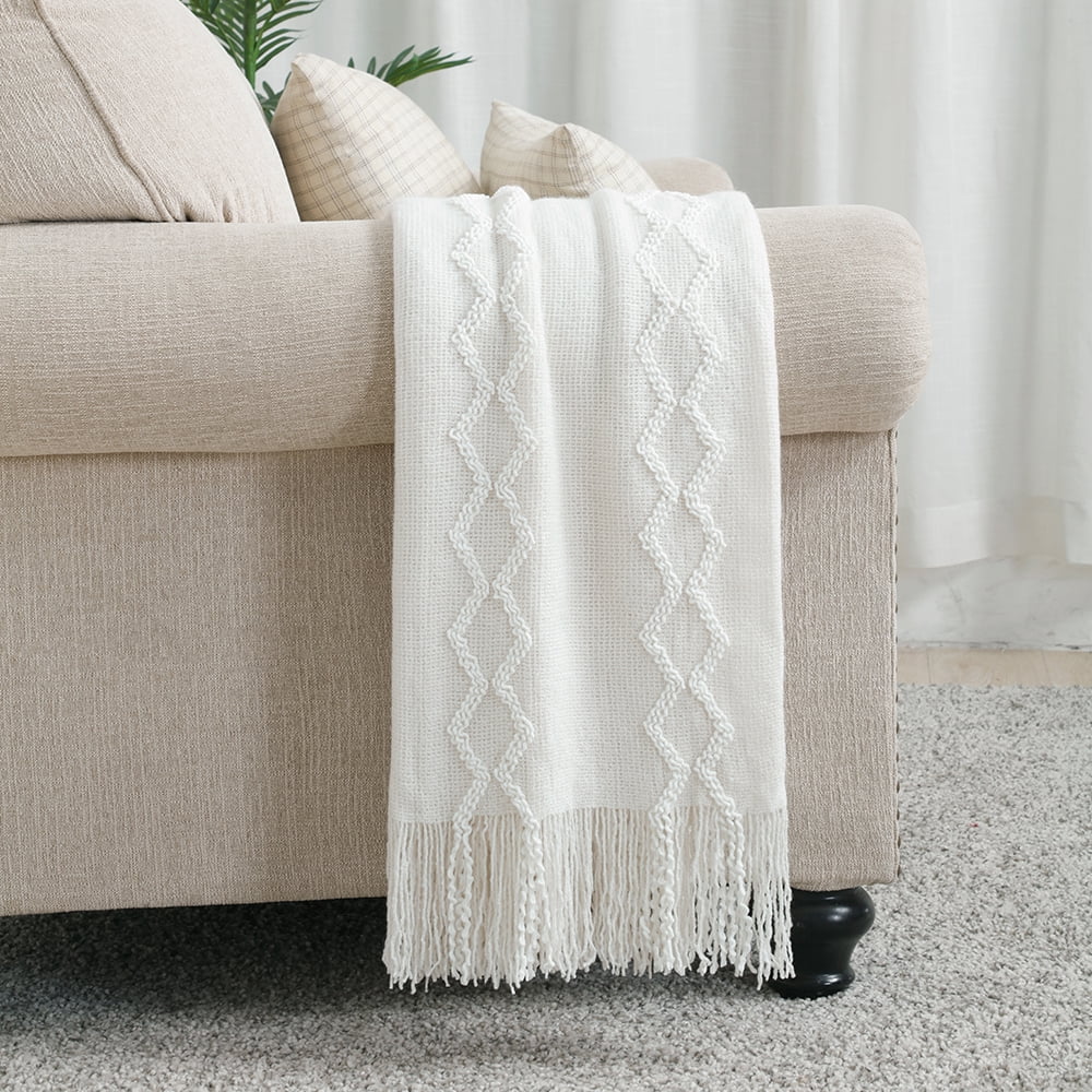 Reversible Sherpa Fluffy Chenille Knitted Fringe Throw Blanket, Lightweight Soft Cozy Bed Sofa Chair Blanket, White, 50" x 60" - Super Soft Reversible Sherpa Flannel Blanket Detail