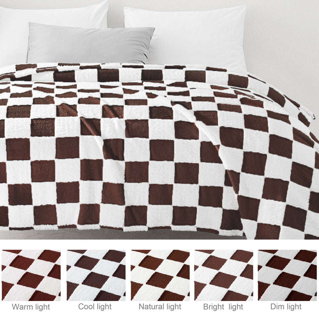 Reversible Sherpa Checkered Throw Blanket, Super Soft and Warm Fluffy Fleece Blanket for Couch, Sofa, Bed, Cute Plaid Pattern, Coffee, ... - Lightweight Plush Warm Blanket for All Seasons Detail