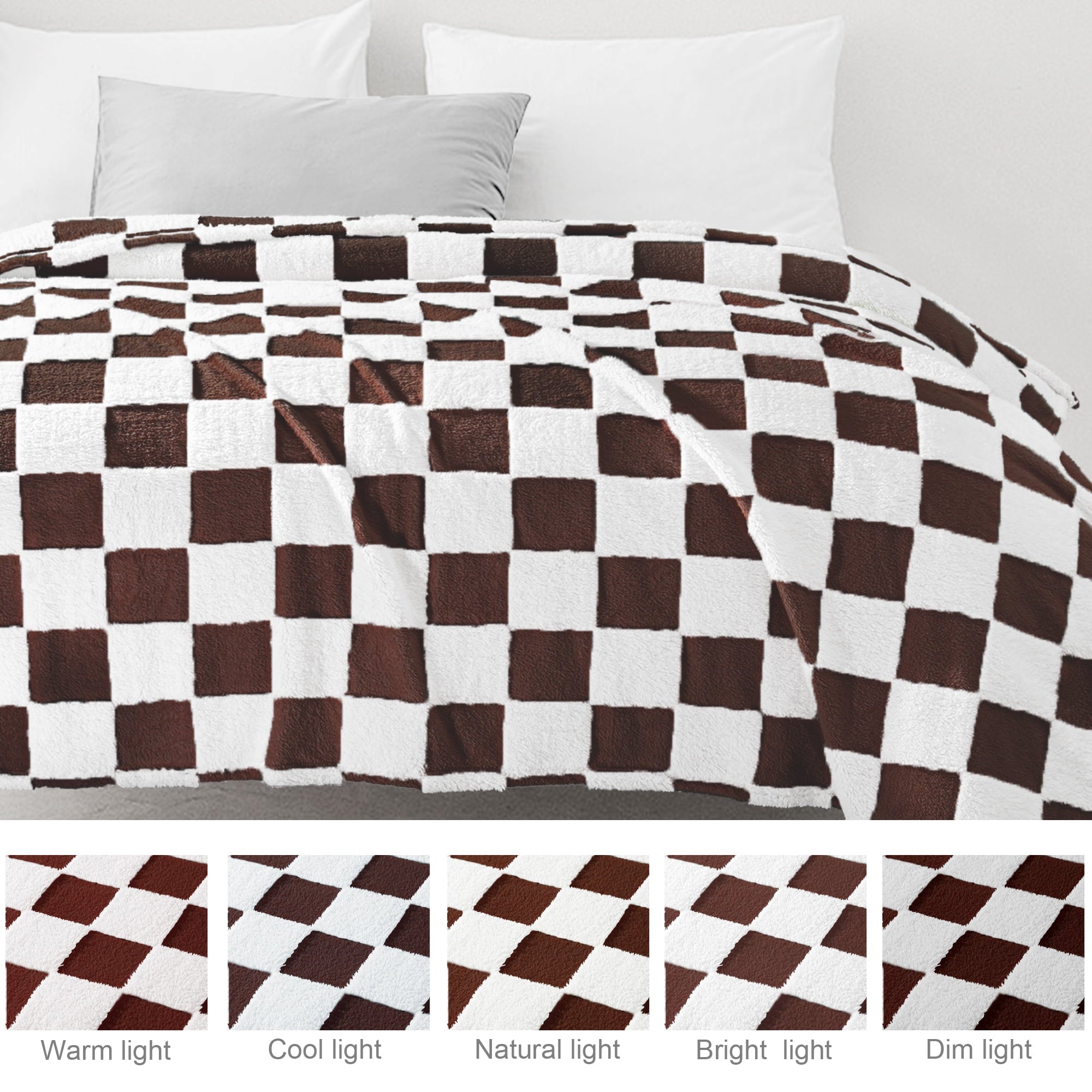 Reversible Sherpa Checkered Throw Blanket, Super Soft and Warm Fluffy Fleece Blanket for Couch, Sofa, Bed, Cute Plaid Pattern, Coffee, ... - Lightweight Plush Warm Blanket for All Seasons Detail