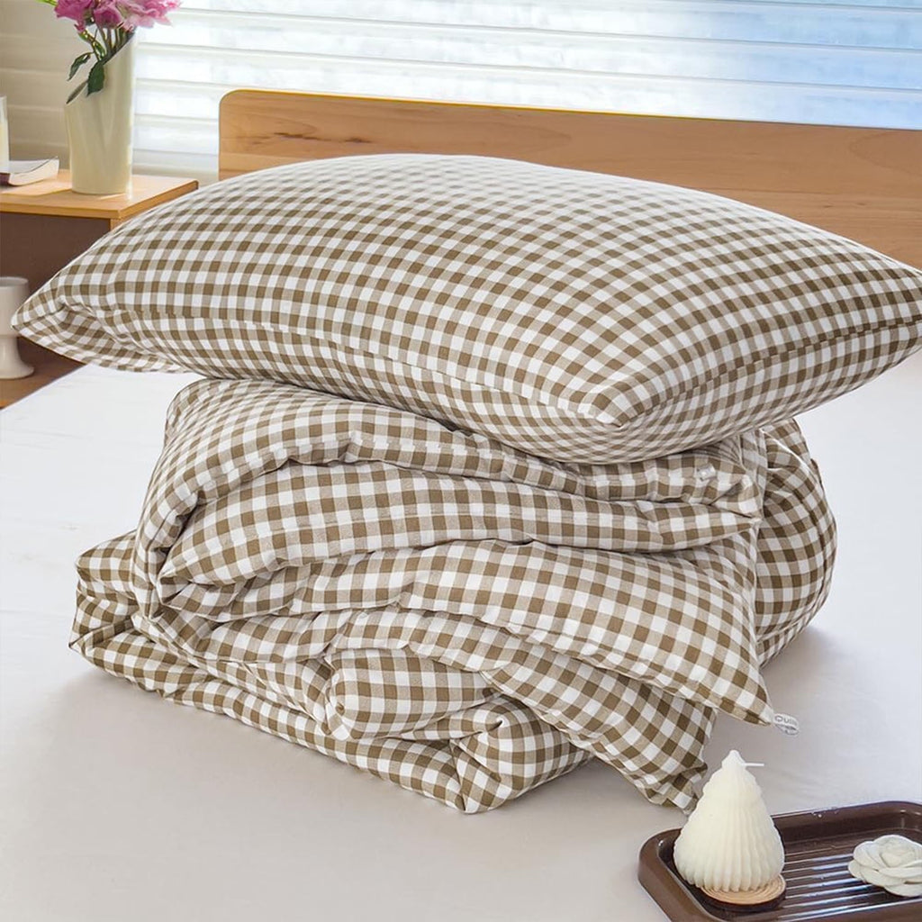 Heavyweight Warmth Tan Gingham Queen Comforter Set, Taupe Plaid Bedding Set, Checked Bed Comforter 3 Pieces(Tan Gingham, Queen) - Luxurious Quilted Duvet Cover Set Detail