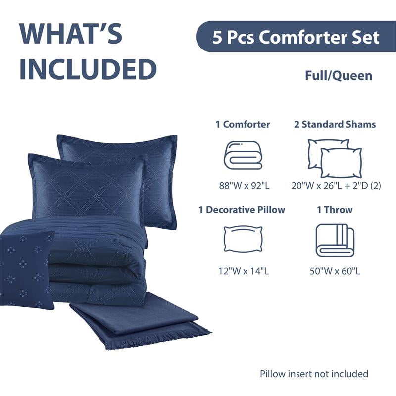 Heavyweight Warmth 5-Piece Reversible Comforter Set Navy Cross Stitch Bedding with Decor Pillow and Throw, Full/Queen - All-Season Down Alternative Comforter Insert Detail