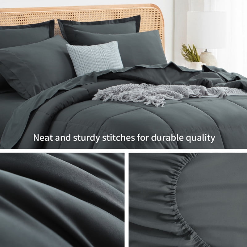 Fluffy Down Alternative 7 Pieces Comforter Set with Sheets - Bed in a Bag with Comforter and All Season Sheets, Pillowcases,Dark Gray,Queen - Hypoallergenic Ultra-Fluffy Quilt for Winter Detail
