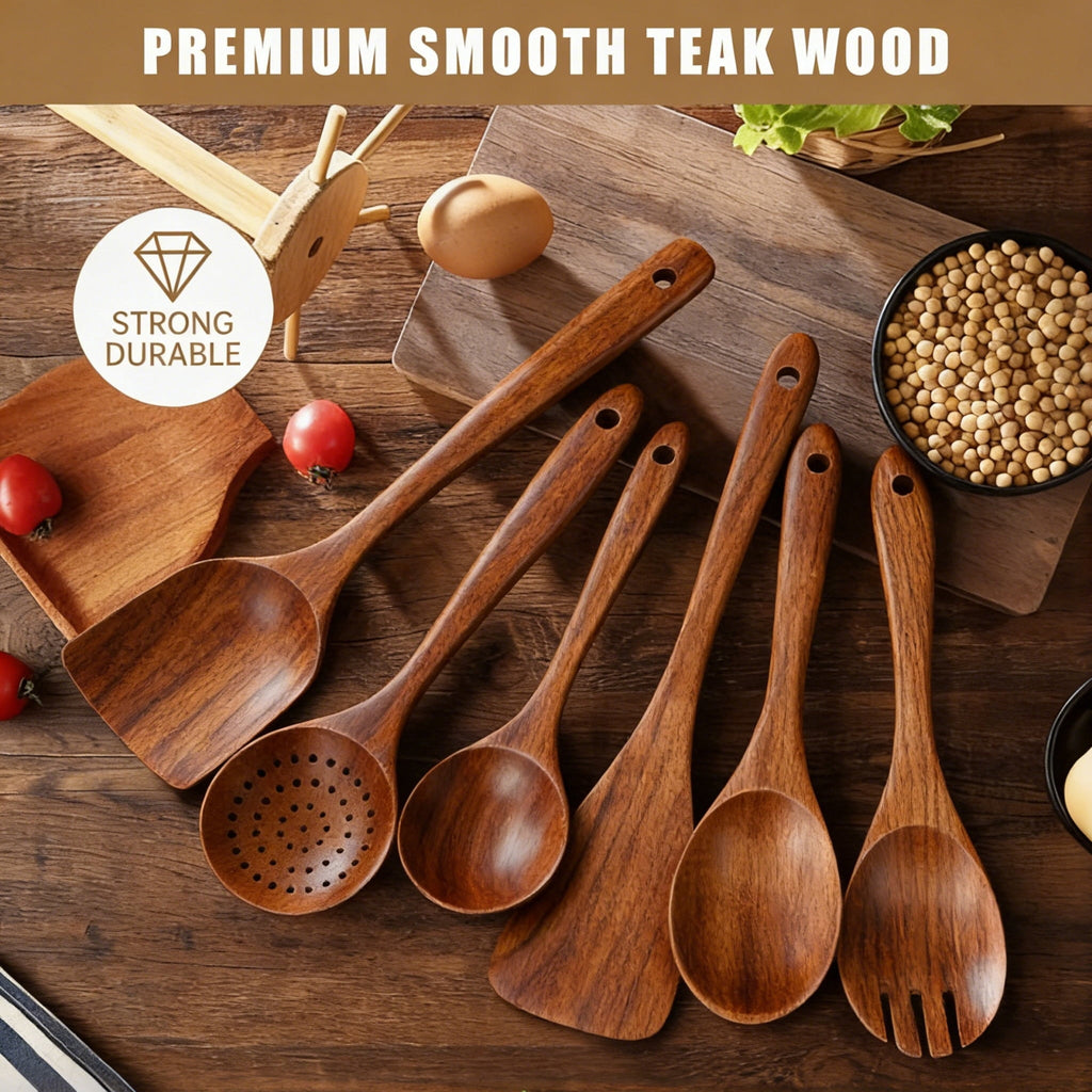 Heat-Resistant Wooden Spoons for Cooking, 6 PCS Teak Wood Cooking Utensil Set, Wooden Kitchen Utensils for Nonstick Pans & Cookware,... - Durable Turner & Ladle Utensil Set for Home Chefs Detail
