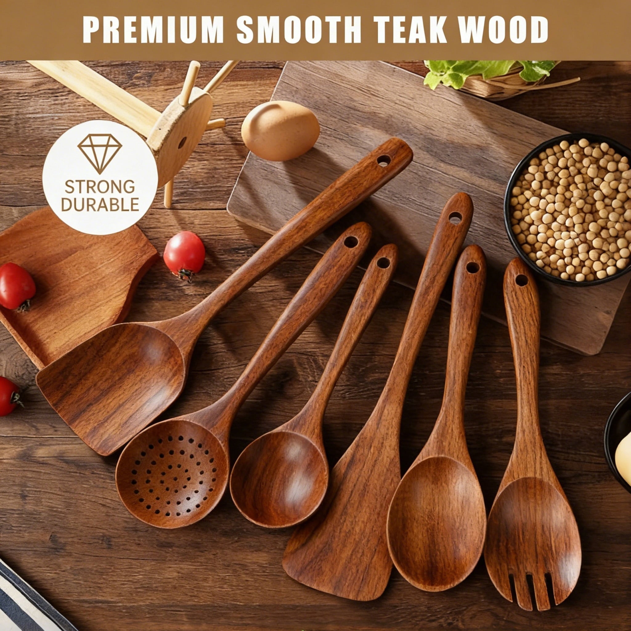 Heat-Resistant Wooden Spoons for Cooking, 6 PCS Teak Wood Cooking Utensil Set, Wooden Kitchen Utensils for Nonstick Pans & Cookware,... - Durable Turner & Ladle Utensil Set for Home Chefs Detail