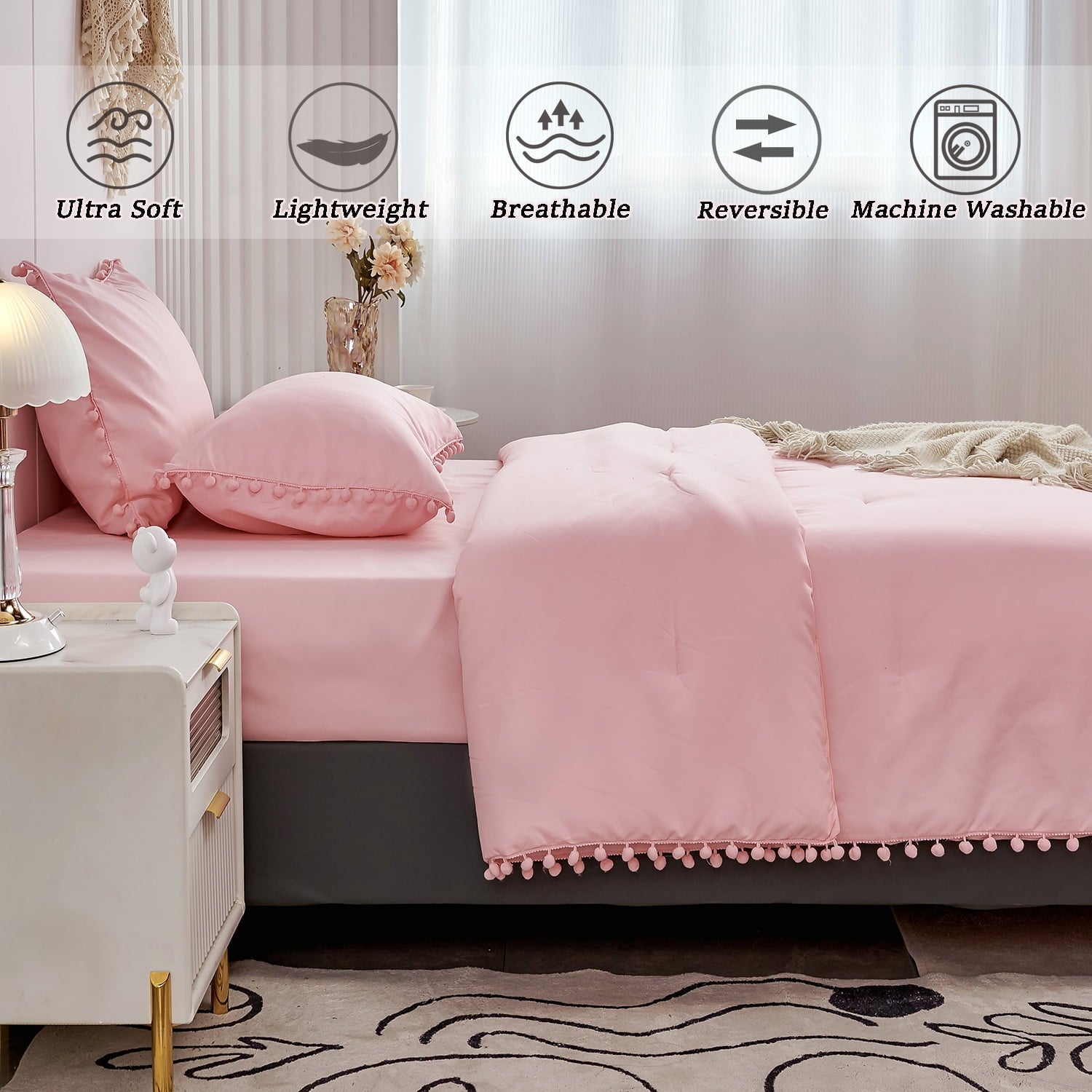 All-Season Pink Full Size Comforter Set Pom Fringe 3 Pcs Boho Chic Cute Ball Pom Blush Bedding Set Cali Soft Lightweight Solid B... - Luxurious Quilted Duvet Cover Set Detail
