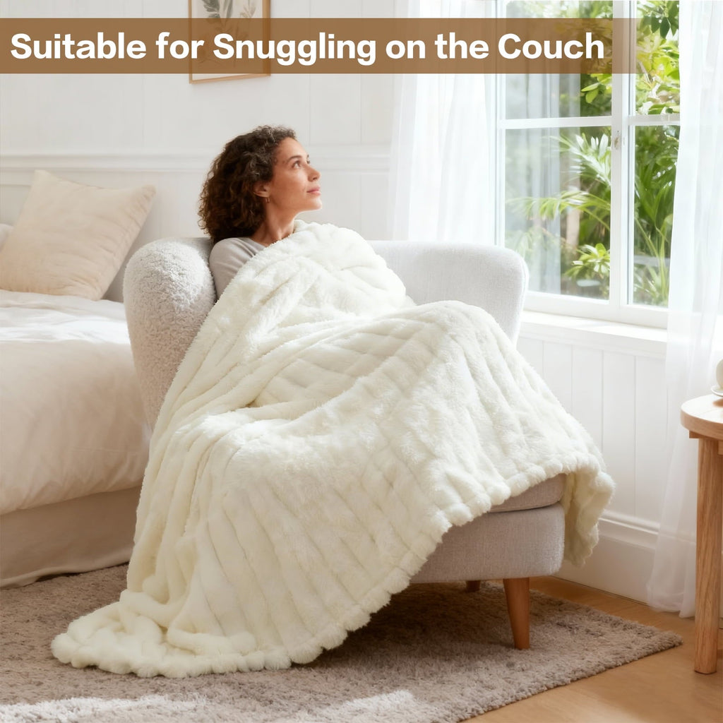 Lightweight Warm White Fleece Throw Blanket for Couch, Super Soft Cozy Blankets and Throws, Decorative Fleece Blankets for Women Men G... - Luxury Knitted Decorative Throw Blanket with Fringes Detail