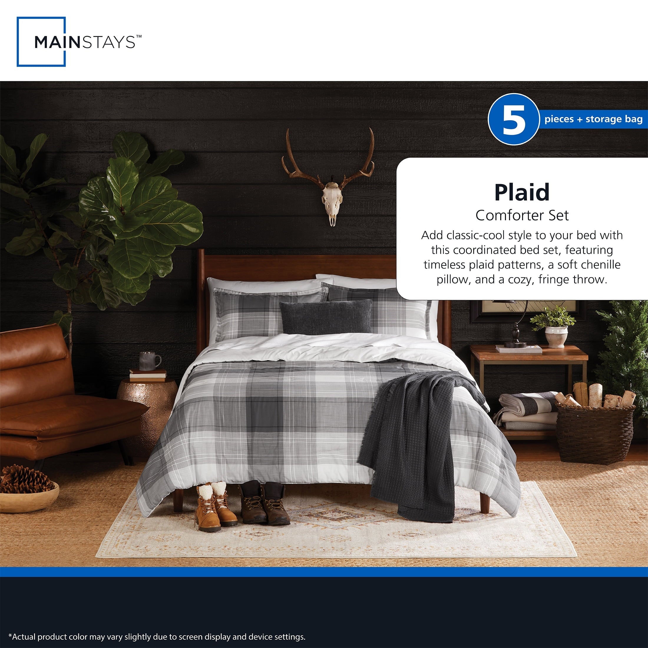 Hypoallergenic Cloud Full/Queen Comforter Set, All-Season, 5-Piece, Grey Plaid - Luxurious Quilted Duvet Cover Set Detail