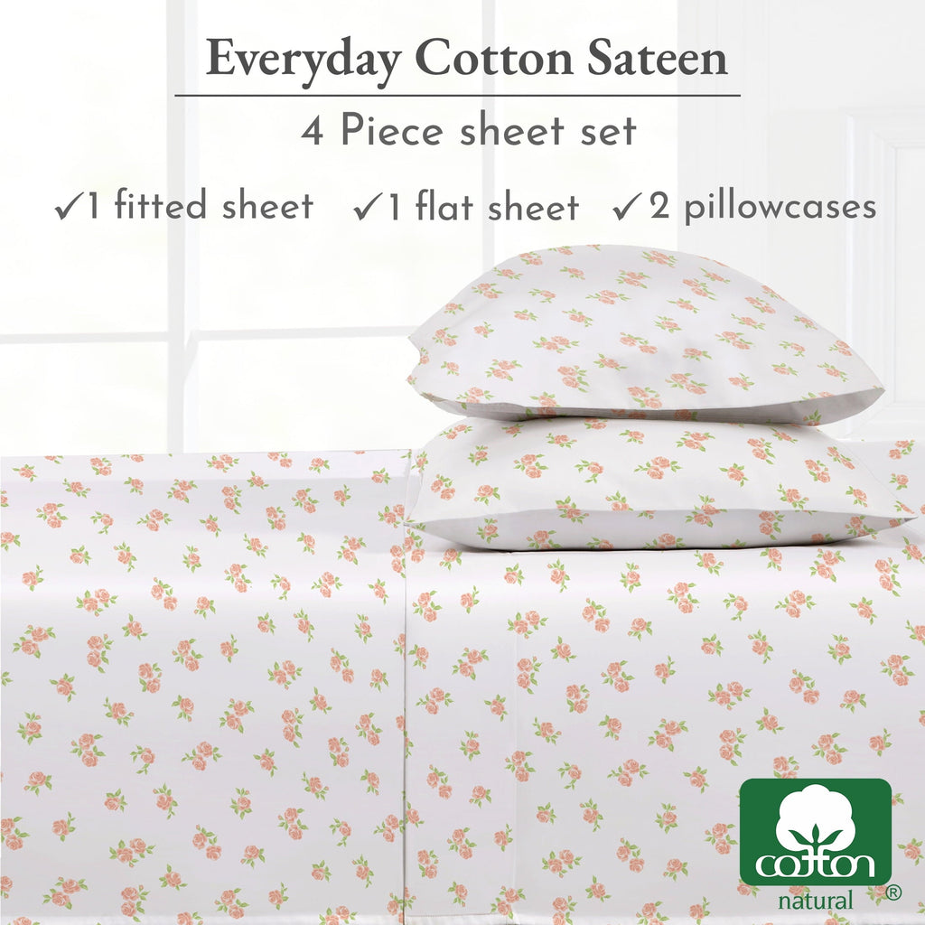 Breathable Luxury 4 Piece Printed Floral Bed Sheets Queen Size Set - 100% Cotton Sheets Queen, Soft Sateen Bedsheets, Deep Pocket Queen... - Cooling Hotel Quality Bedding Sheets and Pillowcases Detail