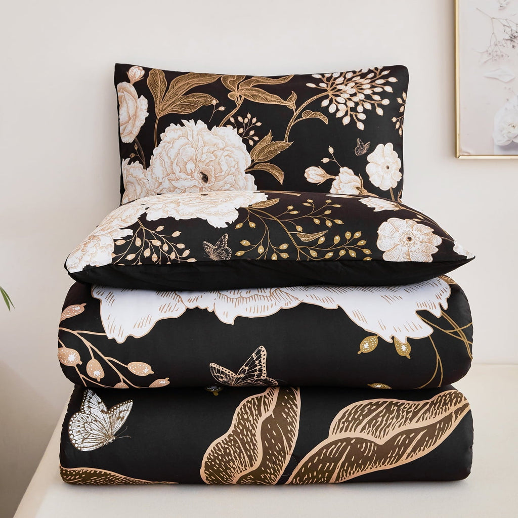 All-Season Black Floral Comforter Set Queen, Printed Comforter White Flowers Butterfly Bedding Set, 3 Pieces Botanical Reversibl... - All-Season Down Alternative Comforter Insert Detail