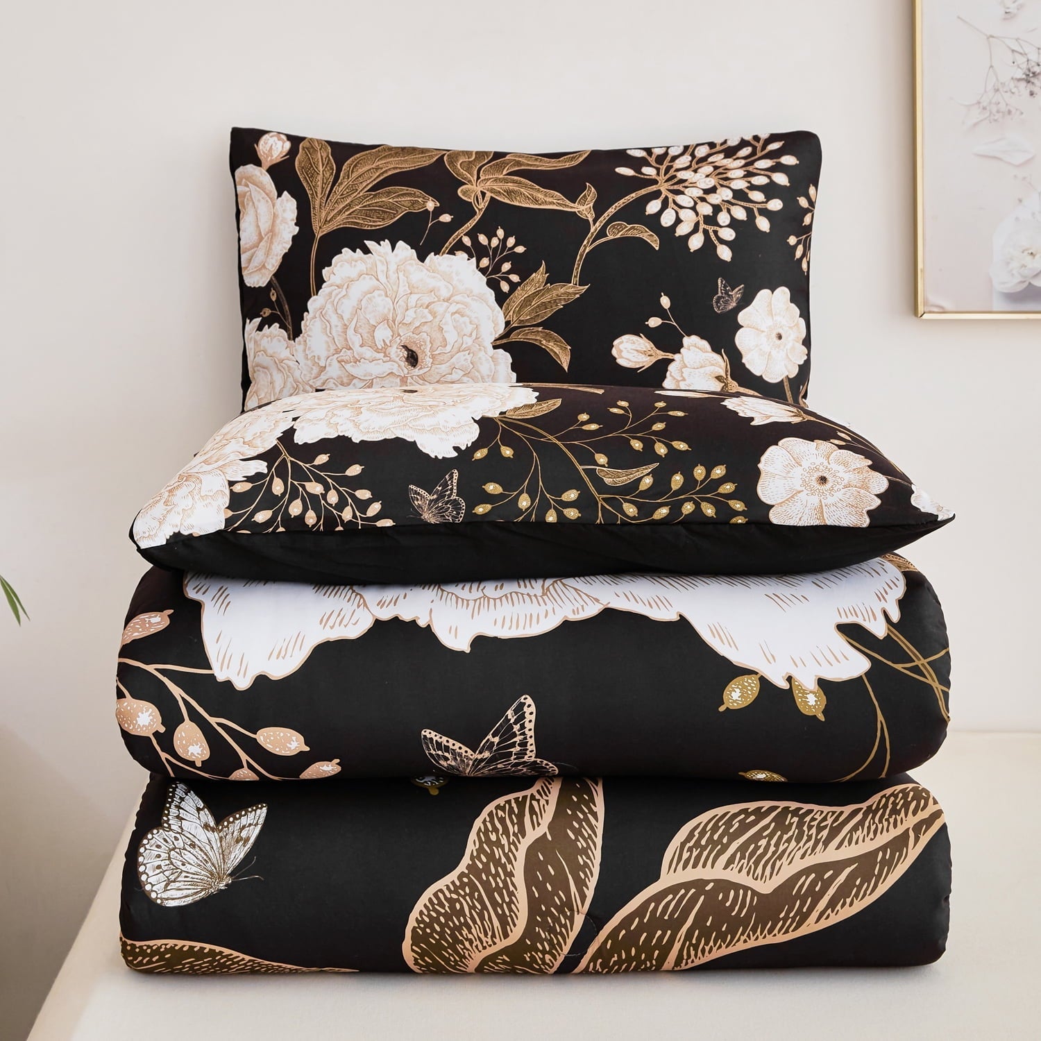 All-Season Black Floral Comforter Set Queen, Printed Comforter White Flowers Butterfly Bedding Set, 3 Pieces Botanical Reversibl... - All-Season Down Alternative Comforter Insert Detail