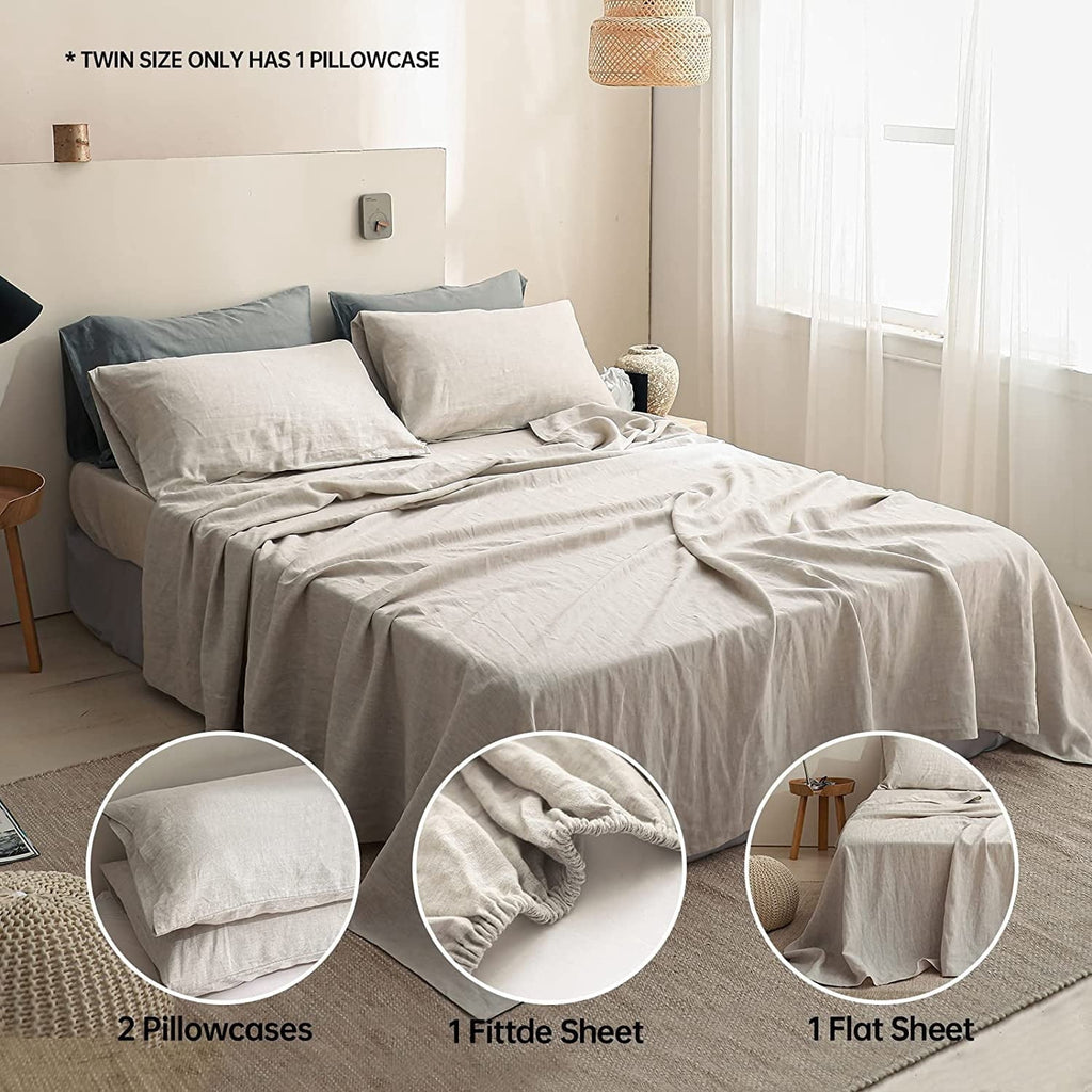 Cooling Sateen 100% Linen Sheet Set Solid Color-4 Pcs Washed French Linen Bed Sheets(1 Flat Sheet,1 Fitted Sheet,2 Pillowcases)-Brea... - Premium Ultra-Soft Pillowcase Pair for Sleeping Detail