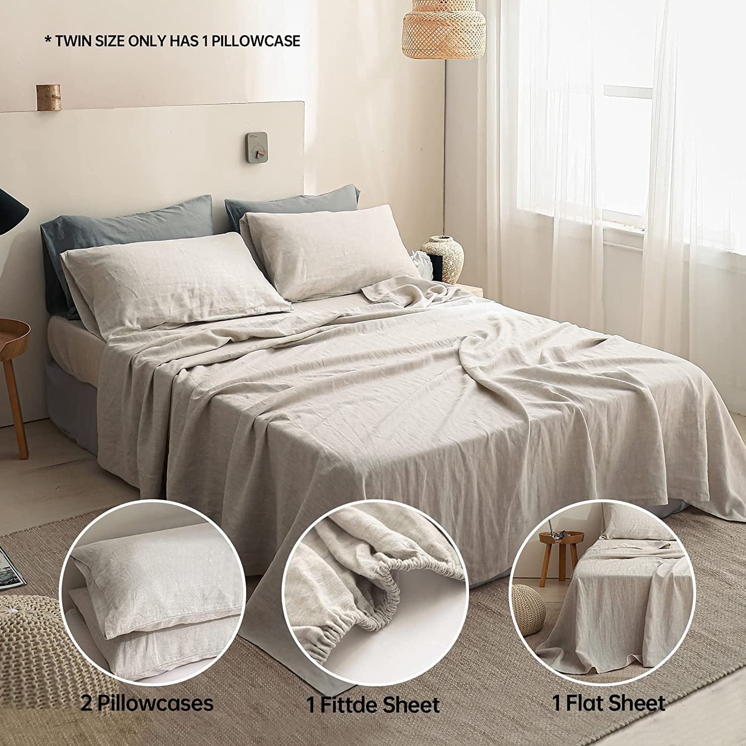 Cooling Sateen 100% Linen Sheet Set Solid Color-4 Pcs Washed French Linen Bed Sheets(1 Flat Sheet,1 Fitted Sheet,2 Pillowcases)-Brea... - Premium Ultra-Soft Pillowcase Pair for Sleeping Detail