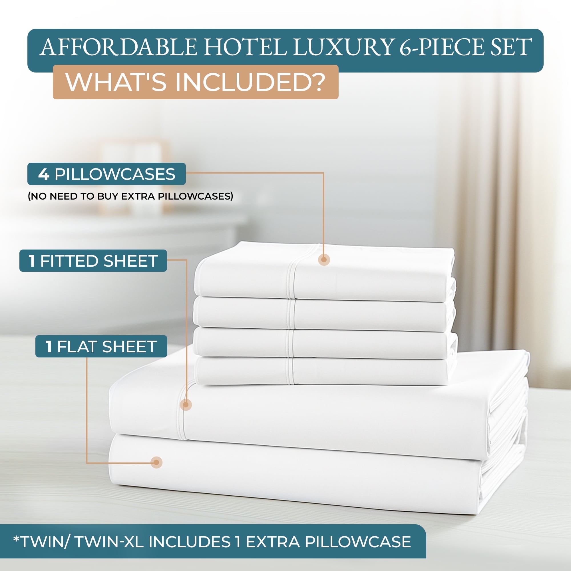 Ultra-Soft Bed Sheets Set – 6 Piece, 600 Thread Count, 100% Cotton Sheets, Hotel Luxury Sateen Finish, 15" Deep Pocket, Easy to ... - Premium Ultra-Soft Pillowcase Pair for Sleeping Detail