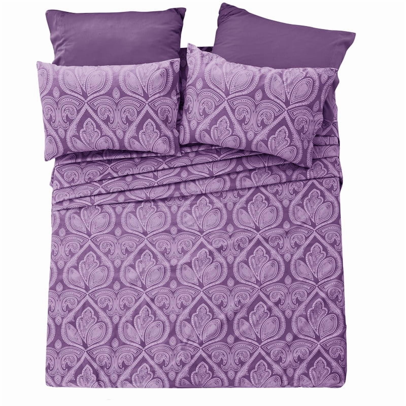 Breathable Luxury Paisley Printed Queen Bed Sheets Set, Microfiber 6 Piece Bedding Set - Purple - Breathable Egyptian Cotton Flat & Fitted Sheets Detail