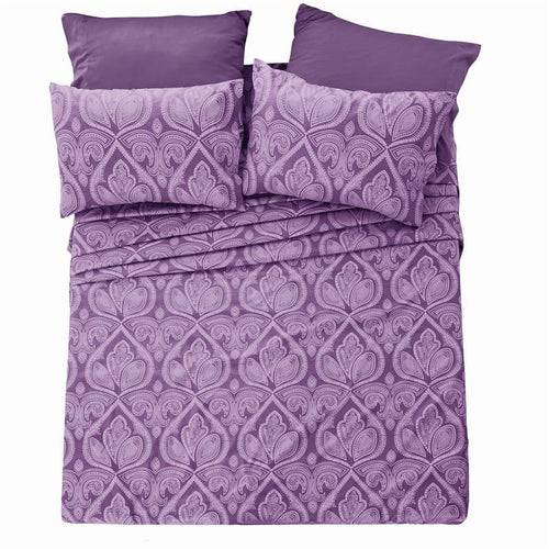 Breathable Luxury Paisley Printed Queen Bed Sheets Set, Microfiber 6 Piece Bedding Set - Purple - Breathable Egyptian Cotton Flat & Fitted Sheets Detail