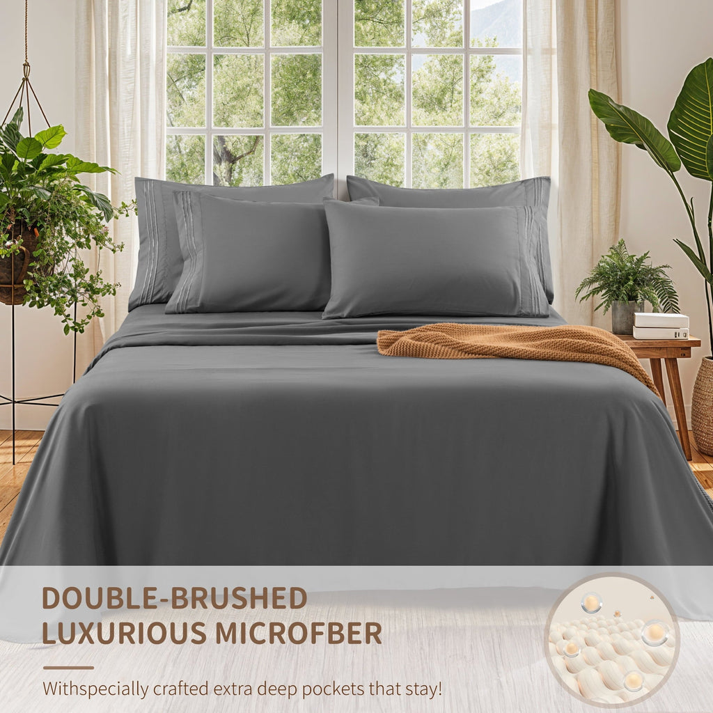 Ultra-Soft 6 Pieces Bed Sheet Set, 1800 Series Soft Microfiber Queen Sheets with 16" Deep Pocket, Dark Gray - Cooling Hotel Quality Bedding Sheets and Pillowcases Detail