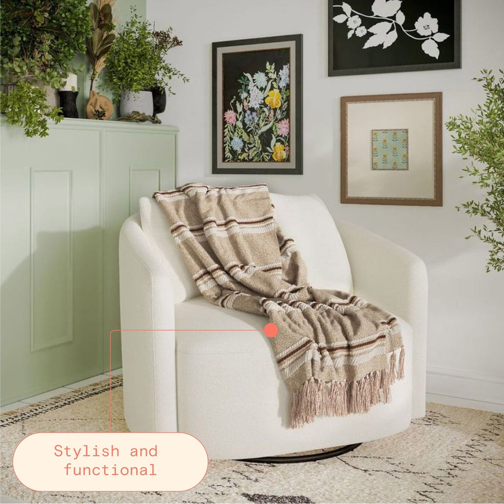 Cozy Fleece 60" x 50" Cozy Striped Porcini Chenille Throw - Luxury Knitted Decorative Throw Blanket with Fringes Detail
