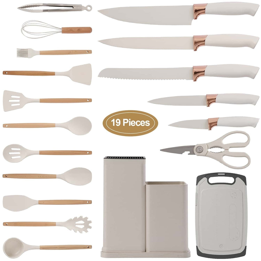 Durable Steel Kitchen Utensils Set for Cooking, 11 Cooking Utensils, 6 Knife set Beige,3 Utensil Sets,utensilios de cocina - High-Precision Culinary Tool for Baking & Cooking - Default Title