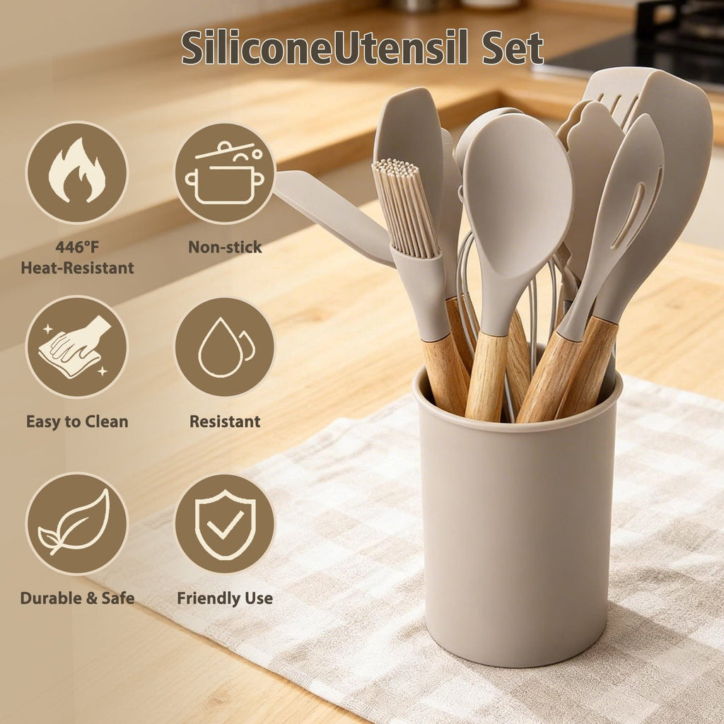 Seamless One-Piece Silicone Cooking Utensils Set, Heat Resistant Kitchen Tools, 36 PCS Non-Stick Silicone Cooking Kitchen Utensils, Khaki - Premium Stainless Steel Cooking Utensil for Non-Stick Pots Detail