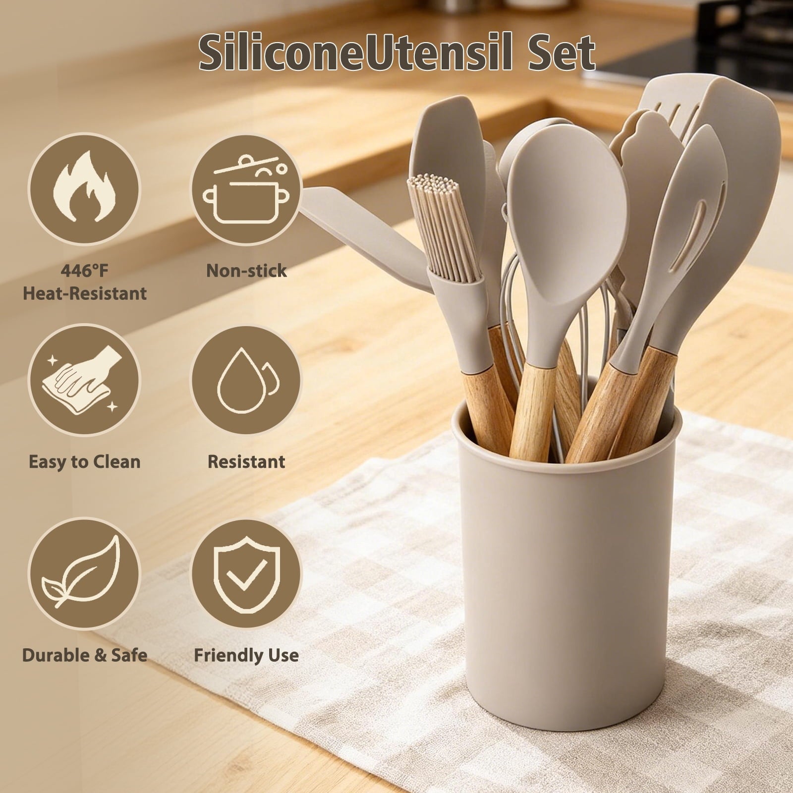 High-Precision Silicone Cooking Utensils Set, Heat Resistant Kitchen Tools, 36 PCS Non-Stick Silicone Cooking Kitchen Utensils, Khaki - Multi-Purpose Hand Tool for Daily Meal Prep Detail