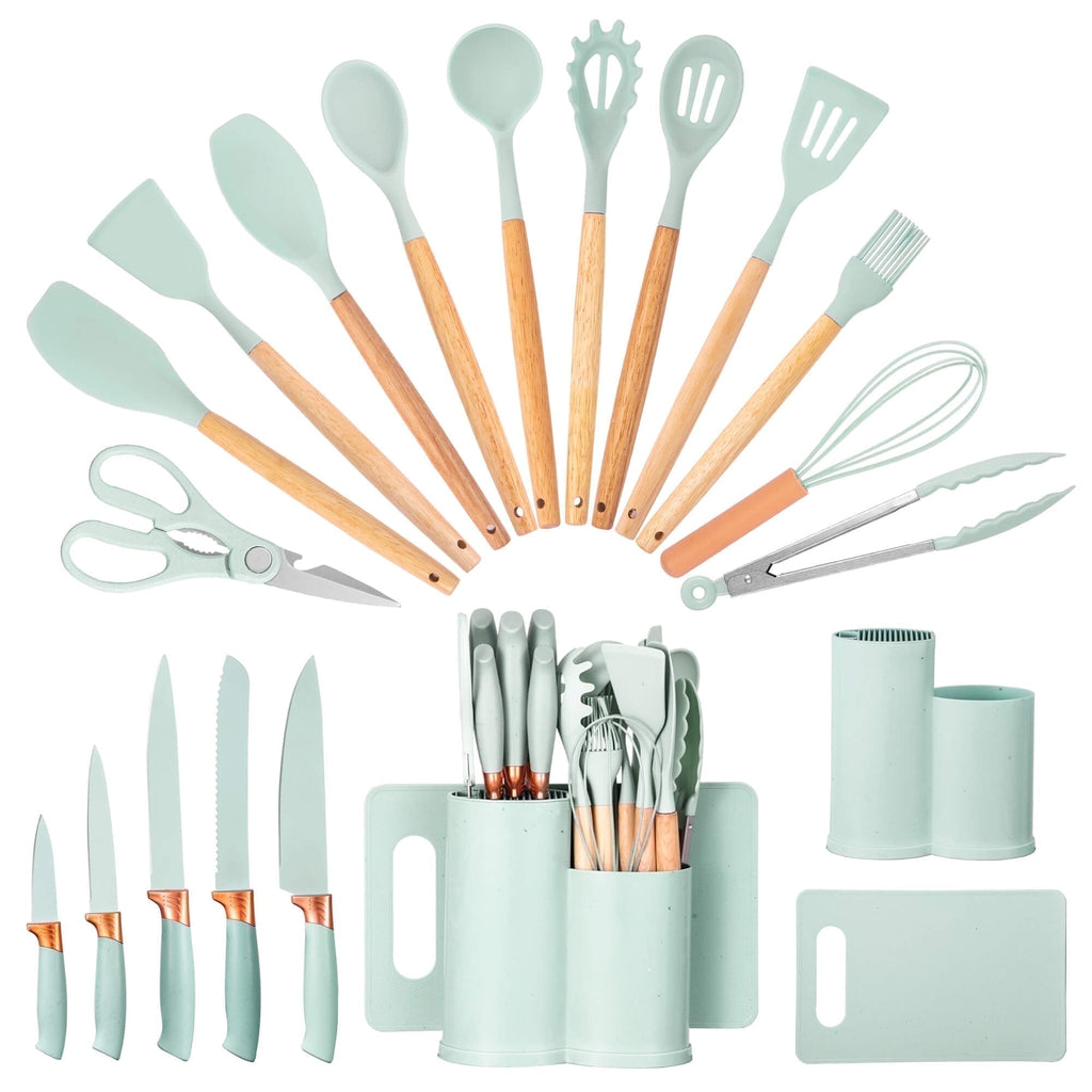 Ergonomic Cooking 19pcs Silicone Kitchen Utensil Set, Heat-Resistant Non-Stick Easy Cooking Cleaning Home Light-Green - Ergonomic Kitchen Tongs and Cooking Spoon Utensil - Default Title