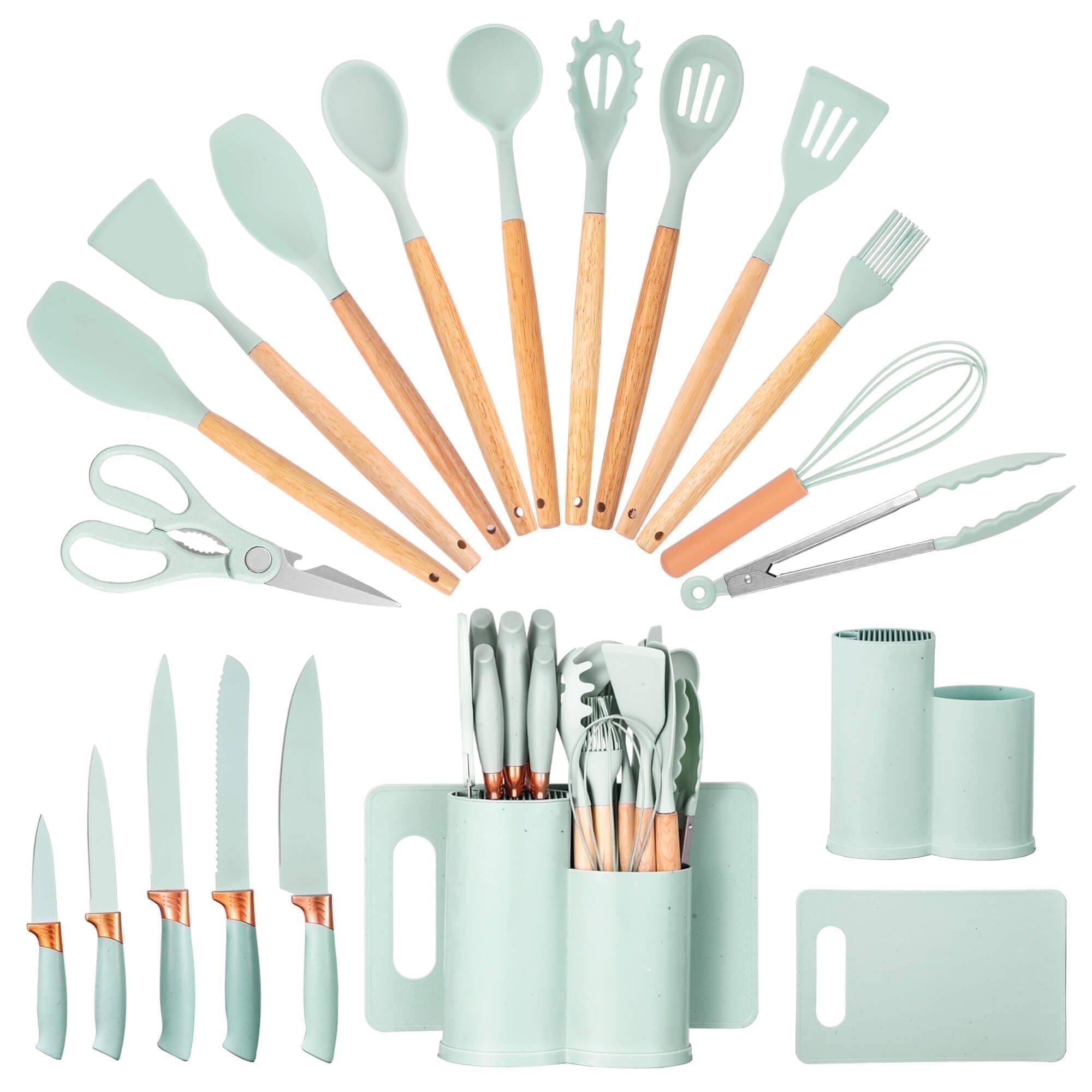 Ergonomic Cooking 19pcs Silicone Kitchen Utensil Set, Heat-Resistant Non-Stick Easy Cooking Cleaning Home Light-Green - Ergonomic Kitchen Tongs and Cooking Spoon Utensil - Default Title