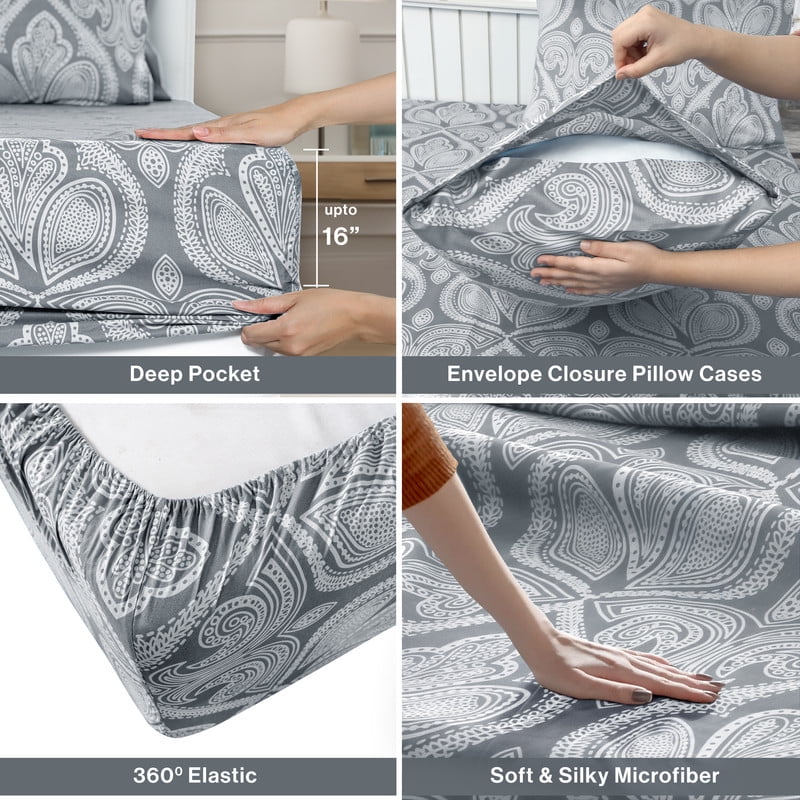 Premium Egyptian Cotton Lux Decor 4 Piece Queen Sheet Set, Brushed Microfiber Paisley Printed Bed Sheet Set with up to 16" Deep Pocket Fitted... - Cooling Hotel Quality Bedding Sheets and Pillowcases Detail