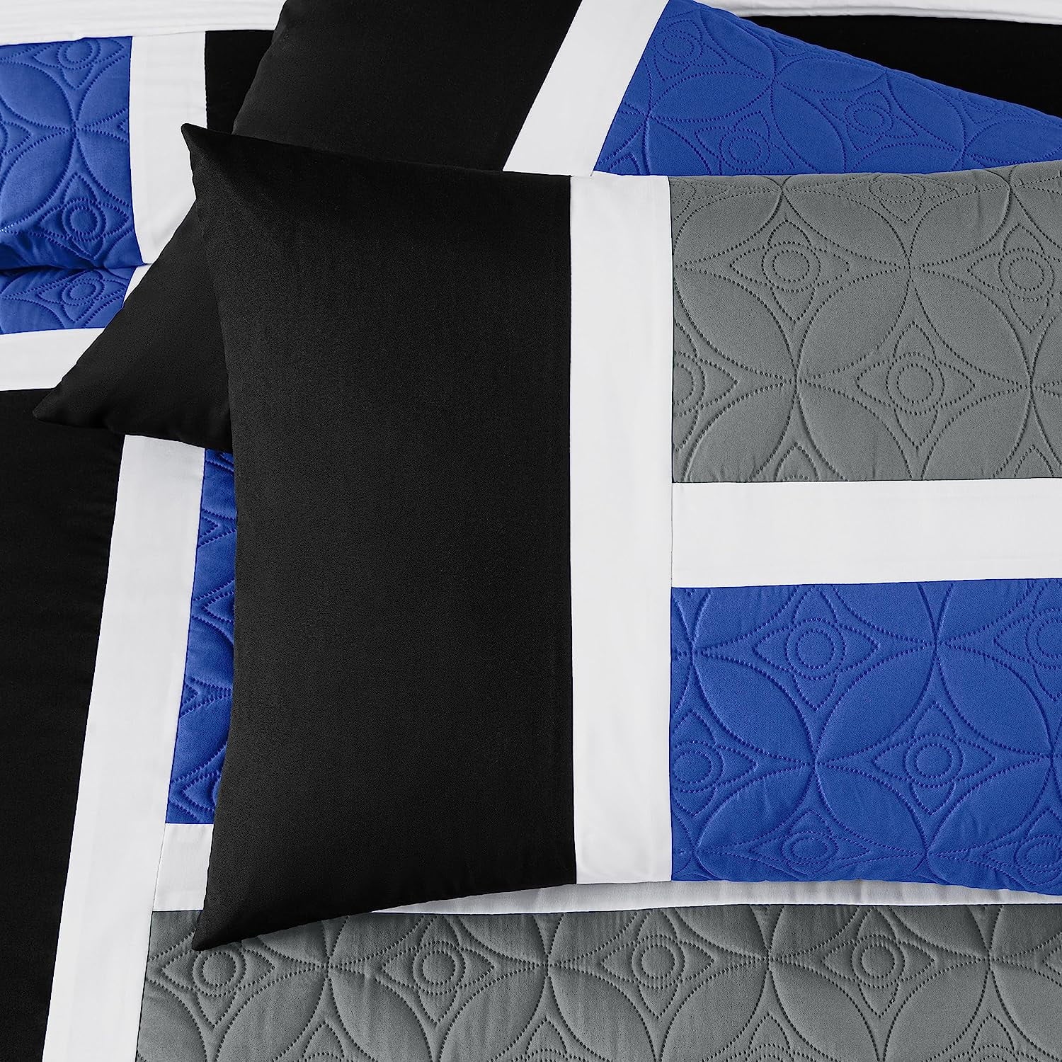 All-Season Bernard 7-Piece Full Bed in a Bag Comforter Set with Sheets, Lightweight Comforter Blue Black Gray Patchwork Quilted ... - Luxurious Quilted Duvet Cover Set Detail