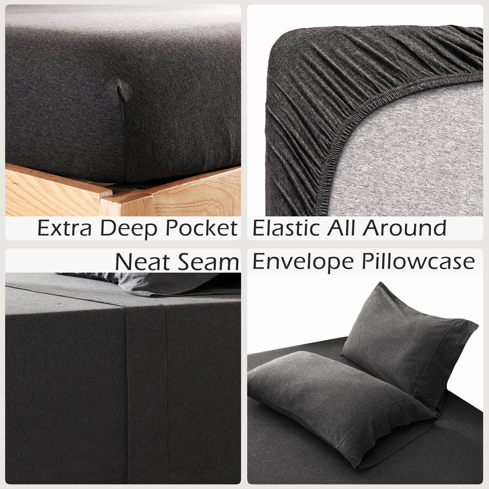Cooling Sateen 100% Cotton Jersey Knit 4pc Bed Sheet Set Extra Deep Pocket up to 20" Charcoal Gray Queen - Premium Ultra-Soft Pillowcase Pair for Sleeping Detail