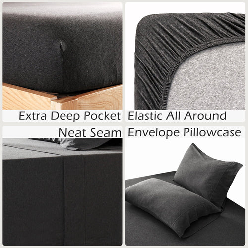 Cooling Sateen 100% Cotton Jersey Knit 4pc Bed Sheet Set Extra Deep Pocket up to 20" Charcoal Gray Queen - Premium Ultra-Soft Pillowcase Pair for Sleeping Detail