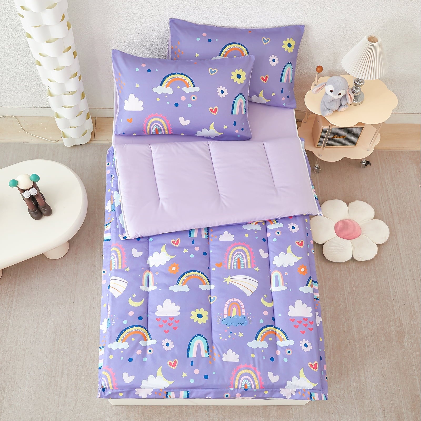 Luxurious Quilted Zipper Kids Comforter Set, 3-Piece Purple Twin Bed in a Bag, Cartoon Rainbow Stars Flowers Printed Zip Up Comforter S... - Luxurious Quilted Duvet Cover Set Detail