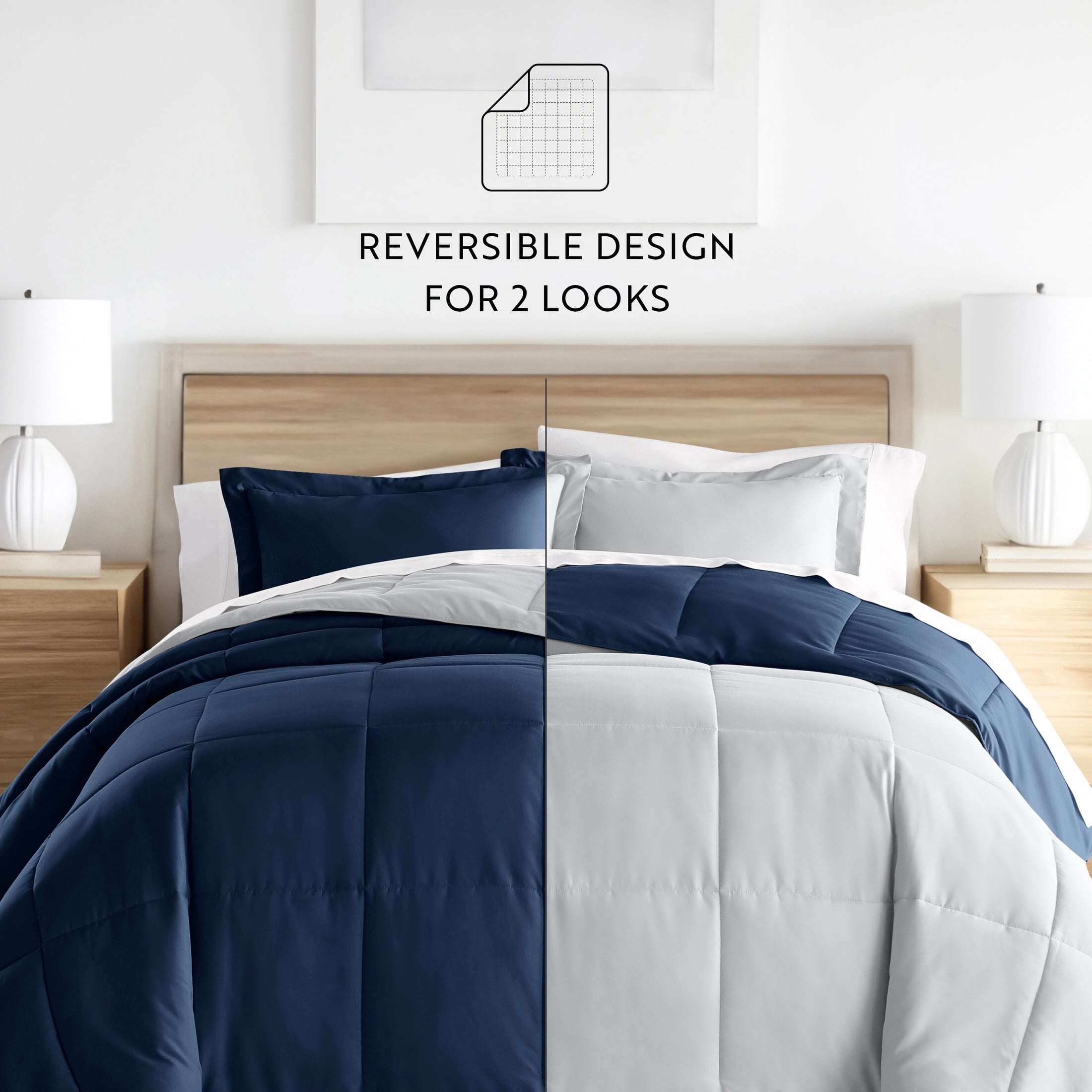 All-Season 2-Piece Navy & Gray Reversible Down Alternative Comforter Set, Twin/Twin XL - Luxurious Quilted Duvet Cover Set Detail